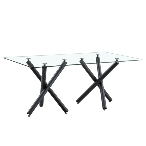 English Elm Large Tempered Glass Rectangular Dining Table Seats Eight with Slim Black Metal Legs W1151S03829