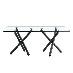 English Elm Large Tempered Glass Rectangular Dining Table Seats Eight with Slim Black Metal Legs W1151S03829