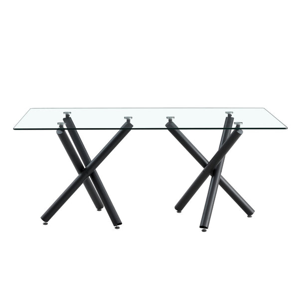 English Elm Large Tempered Glass Rectangular Dining Table Seats Eight with Slim Black Metal Legs W1151S03829