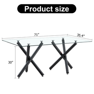 English Elm Large Tempered Glass Rectangular Dining Table Seats Eight with Slim Black Metal Legs W1151S03829