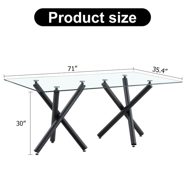 English Elm Large Tempered Glass Rectangular Dining Table Seats Eight with Slim Black Metal Legs W1151S03829