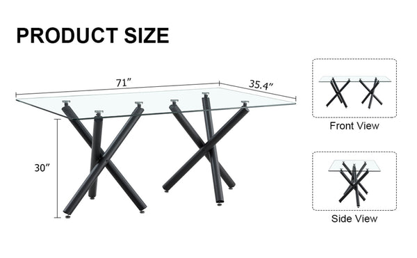 English Elm Large Tempered Glass Rectangular Dining Table Seats Eight with Slim Black Metal Legs W1151S03829