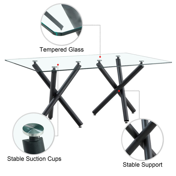 English Elm Large Tempered Glass Rectangular Dining Table Seats Eight with Slim Black Metal Legs W1151S03829