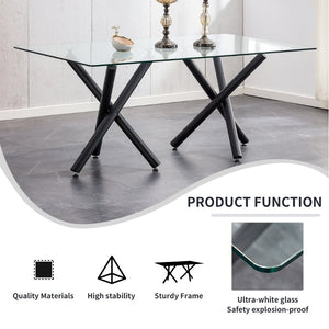 English Elm Large Tempered Glass Rectangular Dining Table Seats Eight with Slim Black Metal Legs W1151S03829