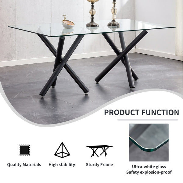English Elm Large Tempered Glass Rectangular Dining Table Seats Eight with Slim Black Metal Legs W1151S03829