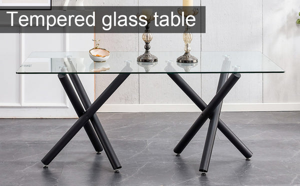 English Elm Large Tempered Glass Rectangular Dining Table Seats Eight with Slim Black Metal Legs W1151S03829