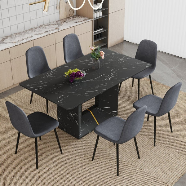 English Elm Table and Chair Set Marble Mdf Top with Six Linen Seats Iron Pipe Legs Dining W1151S03842