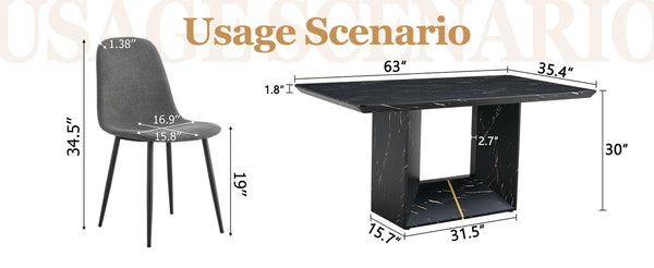 English Elm Table and Chair Set Marble Mdf Top with Six Linen Seats Iron Pipe Legs Dining W1151S03842