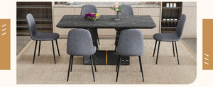English Elm Table and Chair Set Marble Mdf Top with Six Linen Seats Iron Pipe Legs Dining W1151S03842