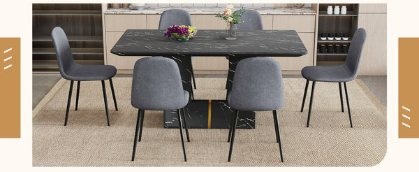English Elm Table and Chair Set Marble Mdf Top with Six Linen Seats Iron Pipe Legs Dining W1151S03842
