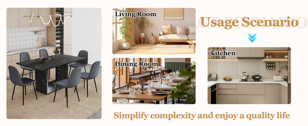 English Elm Table and Chair Set Marble Mdf Top with Six Linen Seats Iron Pipe Legs Dining W1151S03842