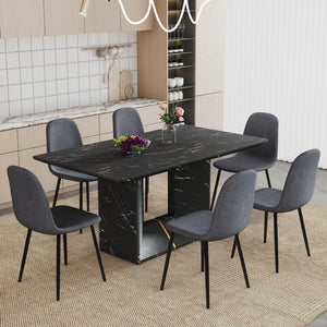 English Elm Table and Chair Set Marble Mdf Top with Six Linen Seats Iron Pipe Legs Dining W1151S03842