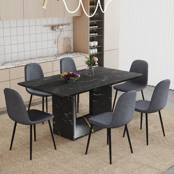 English Elm Table and Chair Set Marble Mdf Top with Six Linen Seats Iron Pipe Legs Dining W1151S03842
