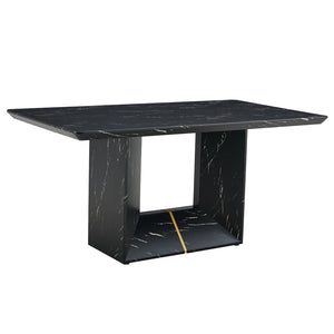 English Elm Table and Chair Set Marble Mdf Top with Six Linen Seats Iron Pipe Legs Dining W1151S03842