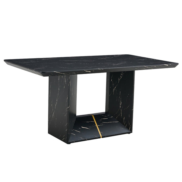 English Elm Table and Chair Set Marble Mdf Top with Six Linen Seats Iron Pipe Legs Dining W1151S03842