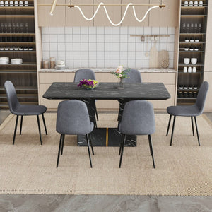 English Elm Table and Chair Set Marble Mdf Top with Six Linen Seats Iron Pipe Legs Dining W1151S03842