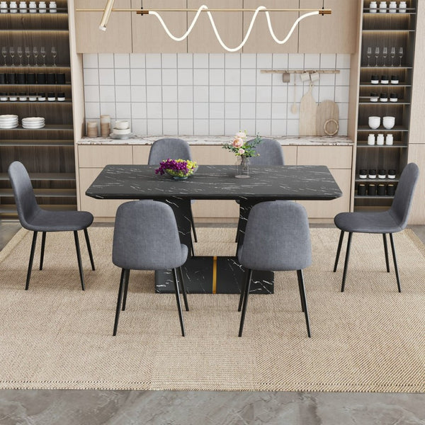 English Elm Table and Chair Set Marble Mdf Top with Six Linen Seats Iron Pipe Legs Dining W1151S03842