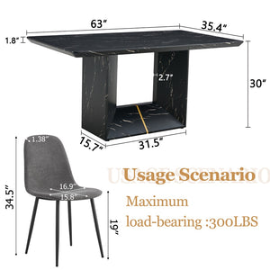 English Elm Table and Chair Set Marble Mdf Top with Six Linen Seats Iron Pipe Legs Dining W1151S03842