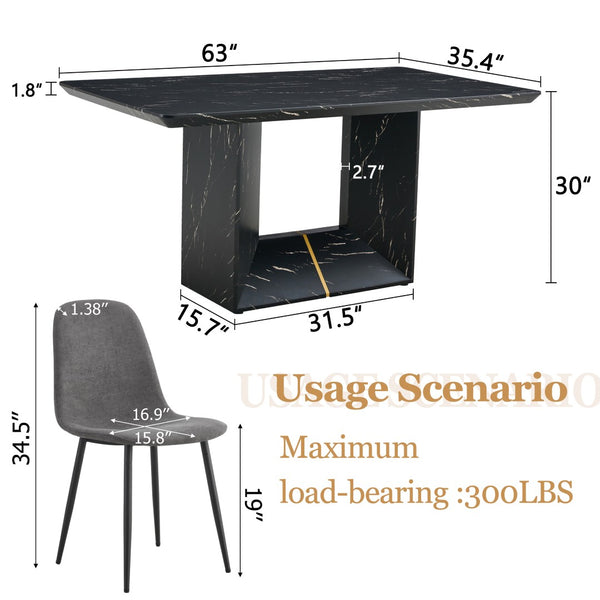 English Elm Table and Chair Set Marble Mdf Top with Six Linen Seats Iron Pipe Legs Dining W1151S03842