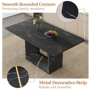 English Elm Table and Chair Set Marble Mdf Top with Six Linen Seats Iron Pipe Legs Dining W1151S03842
