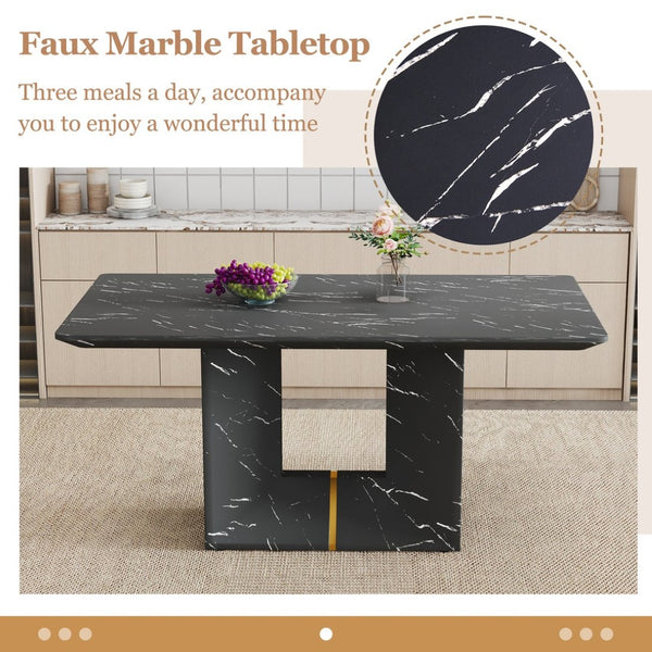 English Elm Table and Chair Set Marble Mdf Top with Six Linen Seats Iron Pipe Legs Dining W1151S03842
