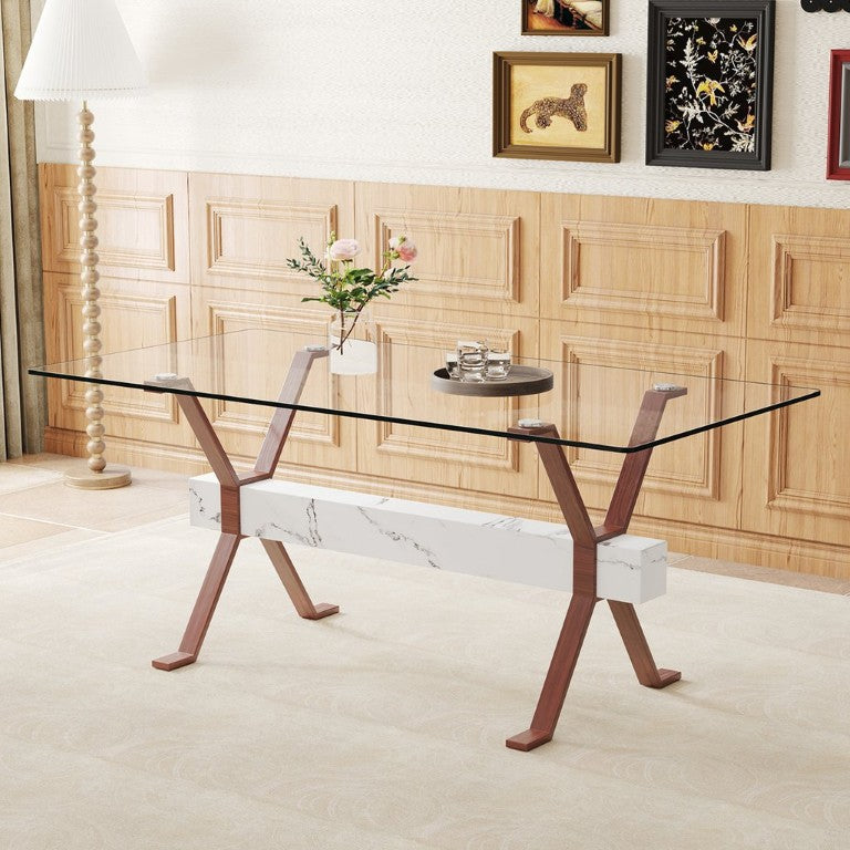 English Elm Elegant Glass Dining Table with Walnut Tone X Legs Seats up to Eight People W1151S03852