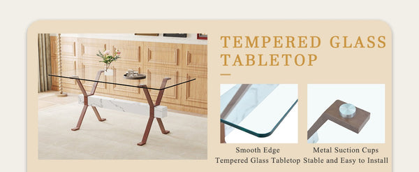 English Elm Elegant Glass Dining Table with Walnut Tone X Legs Seats up to Eight People W1151S03852