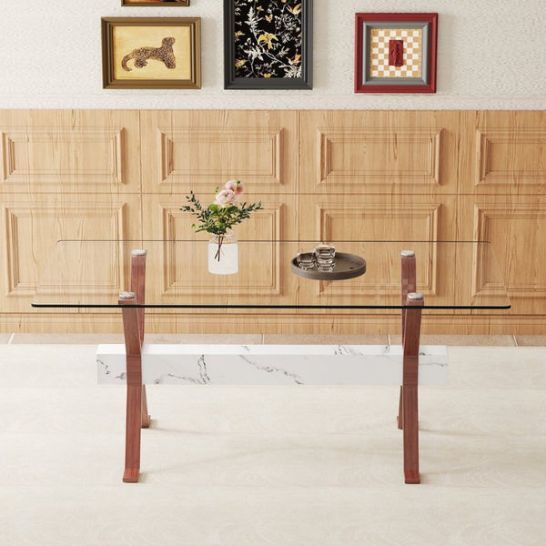 English Elm Elegant Glass Dining Table with Walnut Tone X Legs Seats up to Eight People W1151S03852