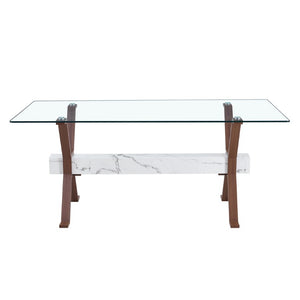 English Elm Elegant Glass Dining Table with Walnut Tone X Legs Seats up to Eight People W1151S03852