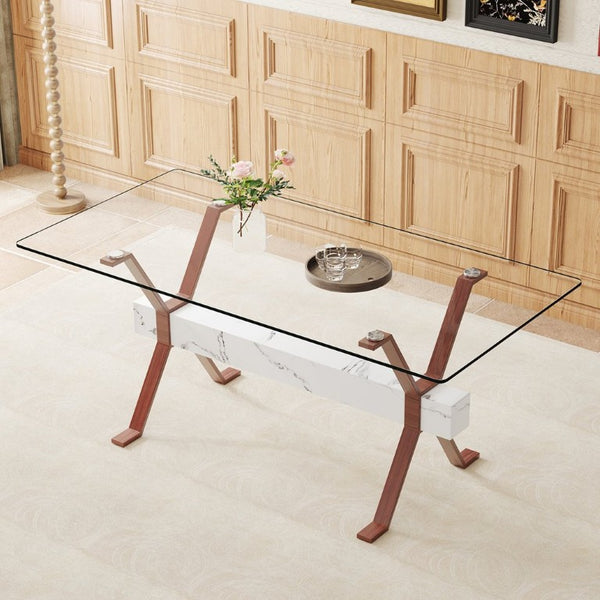 English Elm Elegant Glass Dining Table with Walnut Tone X Legs Seats up to Eight People W1151S03852