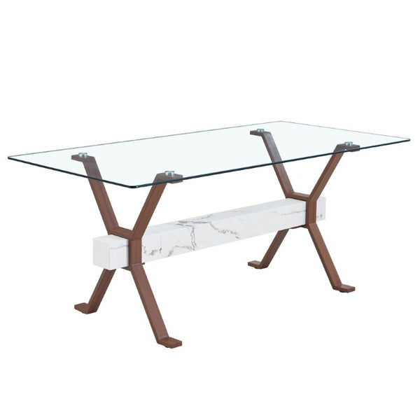 English Elm Elegant Glass Dining Table with Walnut Tone X Legs Seats up to Eight People W1151S03852