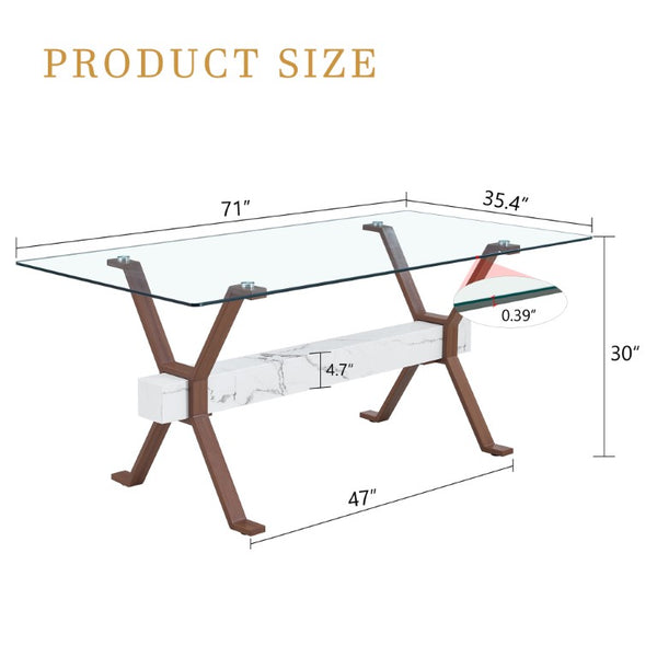 English Elm Elegant Glass Dining Table with Walnut Tone X Legs Seats up to Eight People W1151S03852