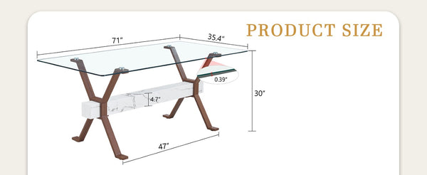 English Elm Elegant Glass Dining Table with Walnut Tone X Legs Seats up to Eight People W1151S03852