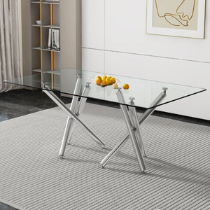 English Elm Large Rectangular Tempered Glass Dining Table Seats Eight with Chrome Fork Legs W1151S03866