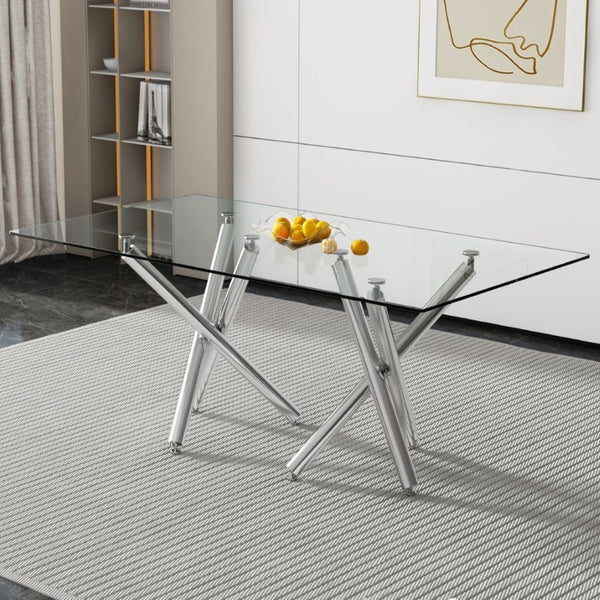 English Elm Large Rectangular Tempered Glass Dining Table Seats Eight with Chrome Fork Legs W1151S03866