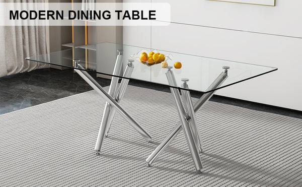 English Elm Large Rectangular Tempered Glass Dining Table Seats Eight with Chrome Fork Legs W1151S03866