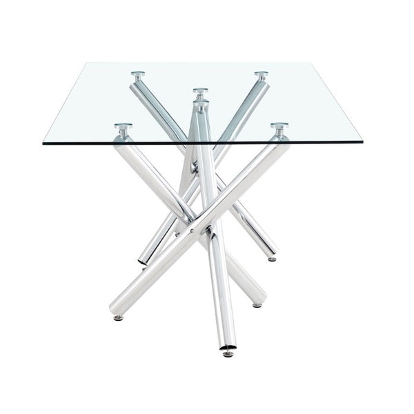 English Elm Large Rectangular Tempered Glass Dining Table Seats Eight with Chrome Fork Legs W1151S03866