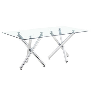 English Elm Large Rectangular Tempered Glass Dining Table Seats Eight with Chrome Fork Legs W1151S03866