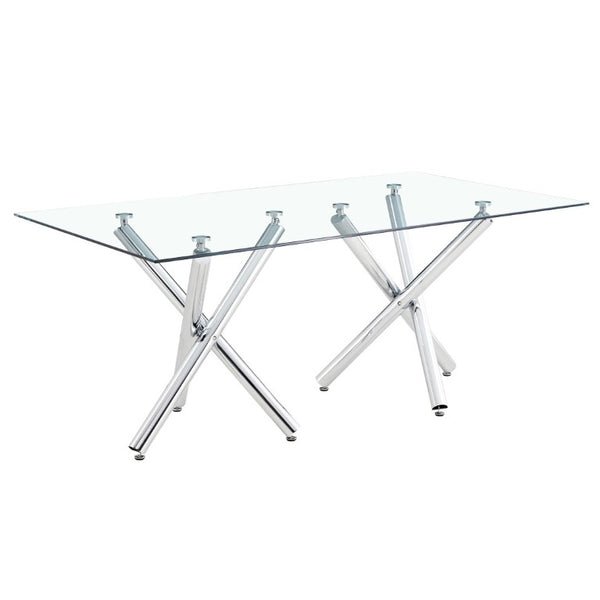 English Elm Large Rectangular Tempered Glass Dining Table Seats Eight with Chrome Fork Legs W1151S03866