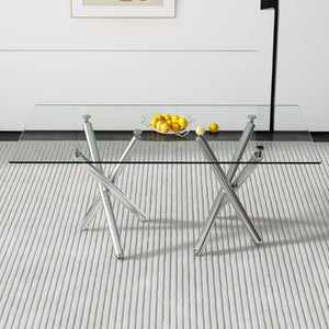 English Elm Large Rectangular Tempered Glass Dining Table Seats Eight with Chrome Fork Legs W1151S03866