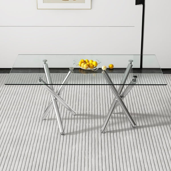 English Elm Large Rectangular Tempered Glass Dining Table Seats Eight with Chrome Fork Legs W1151S03866