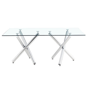 English Elm Large Rectangular Tempered Glass Dining Table Seats Eight with Chrome Fork Legs W1151S03866