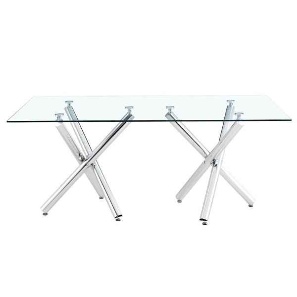 English Elm Large Rectangular Tempered Glass Dining Table Seats Eight with Chrome Fork Legs W1151S03866