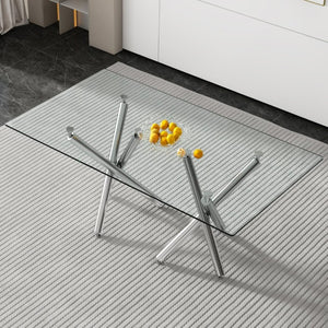English Elm Large Rectangular Tempered Glass Dining Table Seats Eight with Chrome Fork Legs W1151S03866