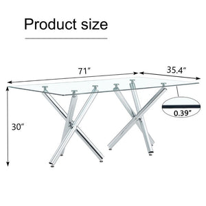 English Elm Large Rectangular Tempered Glass Dining Table Seats Eight with Chrome Fork Legs W1151S03866