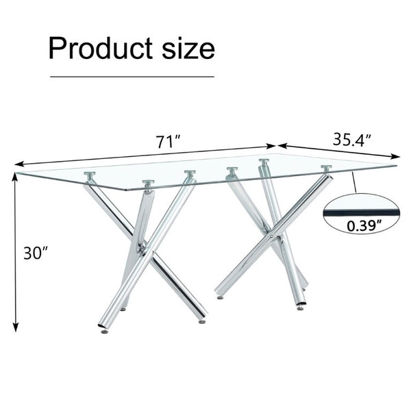 English Elm Large Rectangular Tempered Glass Dining Table Seats Eight with Chrome Fork Legs W1151S03866
