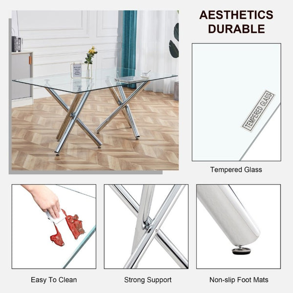 English Elm Large Rectangular Tempered Glass Dining Table Seats Eight with Chrome Fork Legs W1151S03866