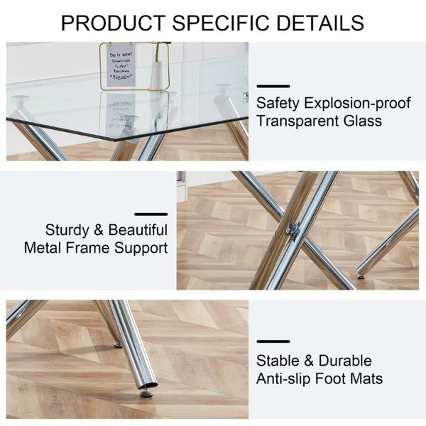 English Elm Large Rectangular Tempered Glass Dining Table Seats Eight with Chrome Fork Legs W1151S03866