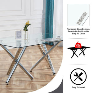 English Elm Large Rectangular Tempered Glass Dining Table Seats Eight with Chrome Fork Legs W1151S03866