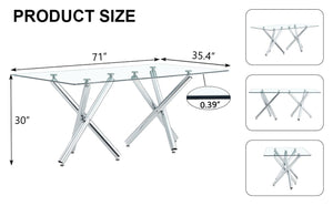 English Elm Large Rectangular Tempered Glass Dining Table Seats Eight with Chrome Fork Legs W1151S03866